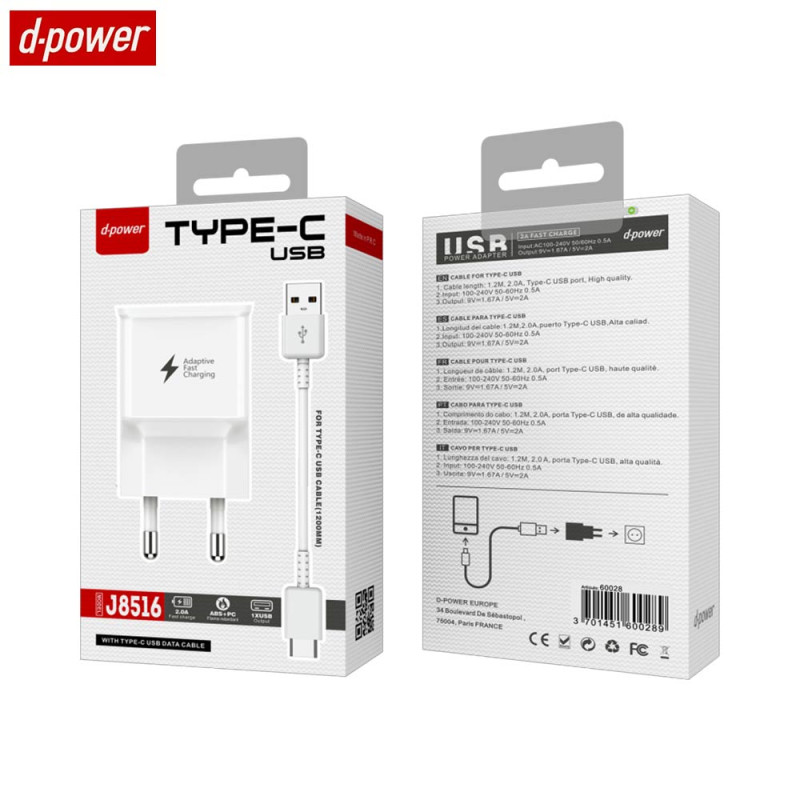 Chargeur Secteur USB d-power J8516 15W avec Câble Data USB vers USB-C (1.2m) Blanc