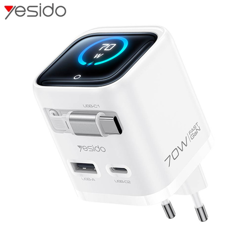 Chargeur Secteur Multi GaN Yesido YC123 avec Câble Rétractable & Affichage Digital 70W Blanc