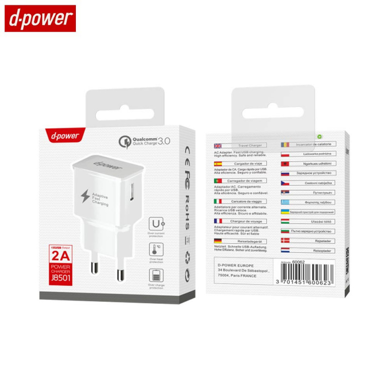 Chargeur Secteur USB d-power J8501 Blanc – PhoneFrance